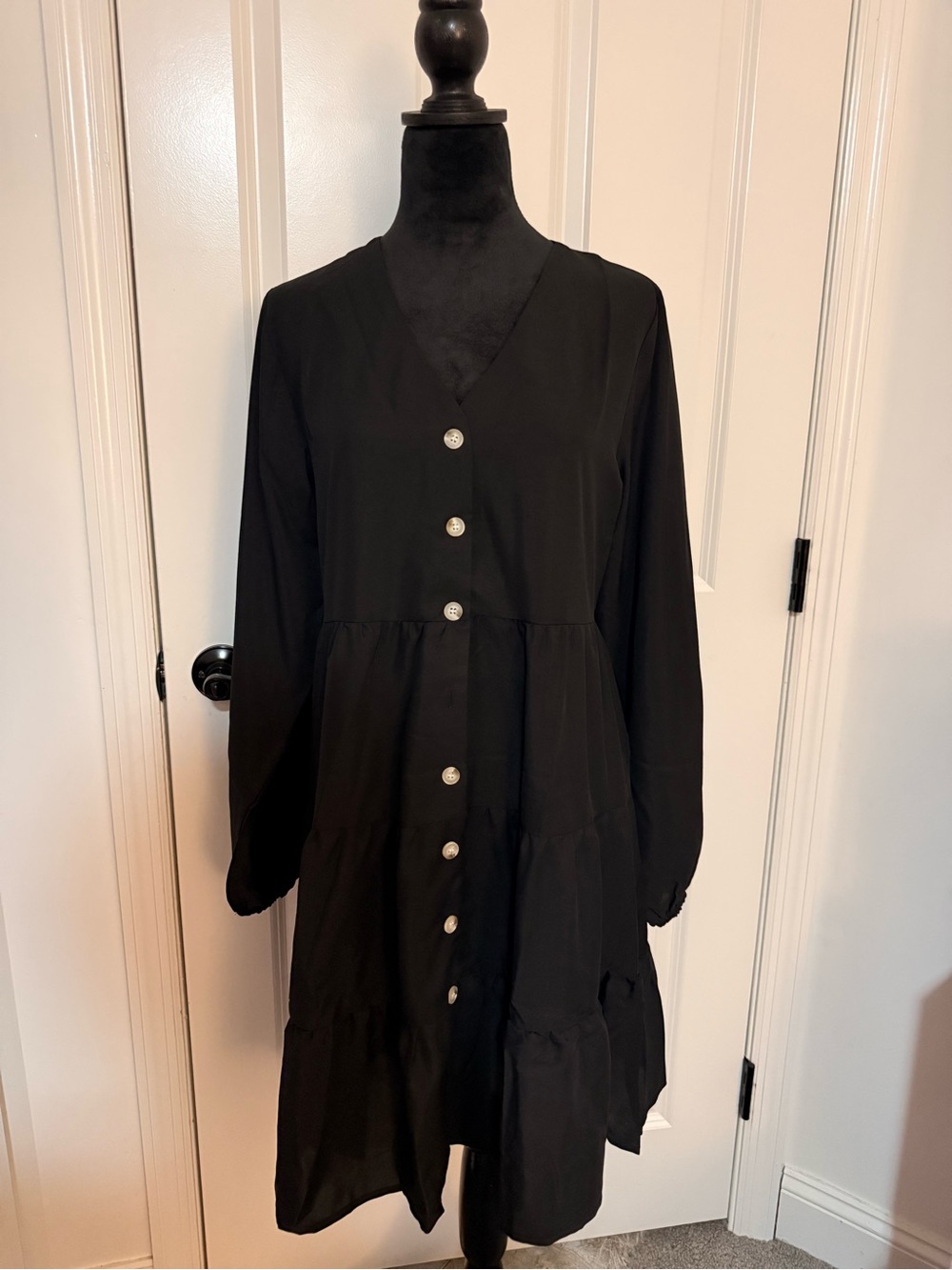 Amazon Women’s Black Button-Front Tiered Long-Sleeve Dress
